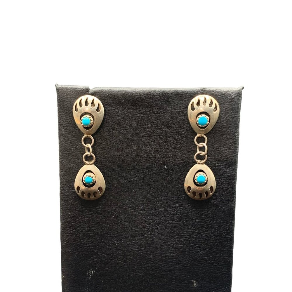 Bear Paws Earrings Sterling Silver & Turquoise Native American Pierced Drops
